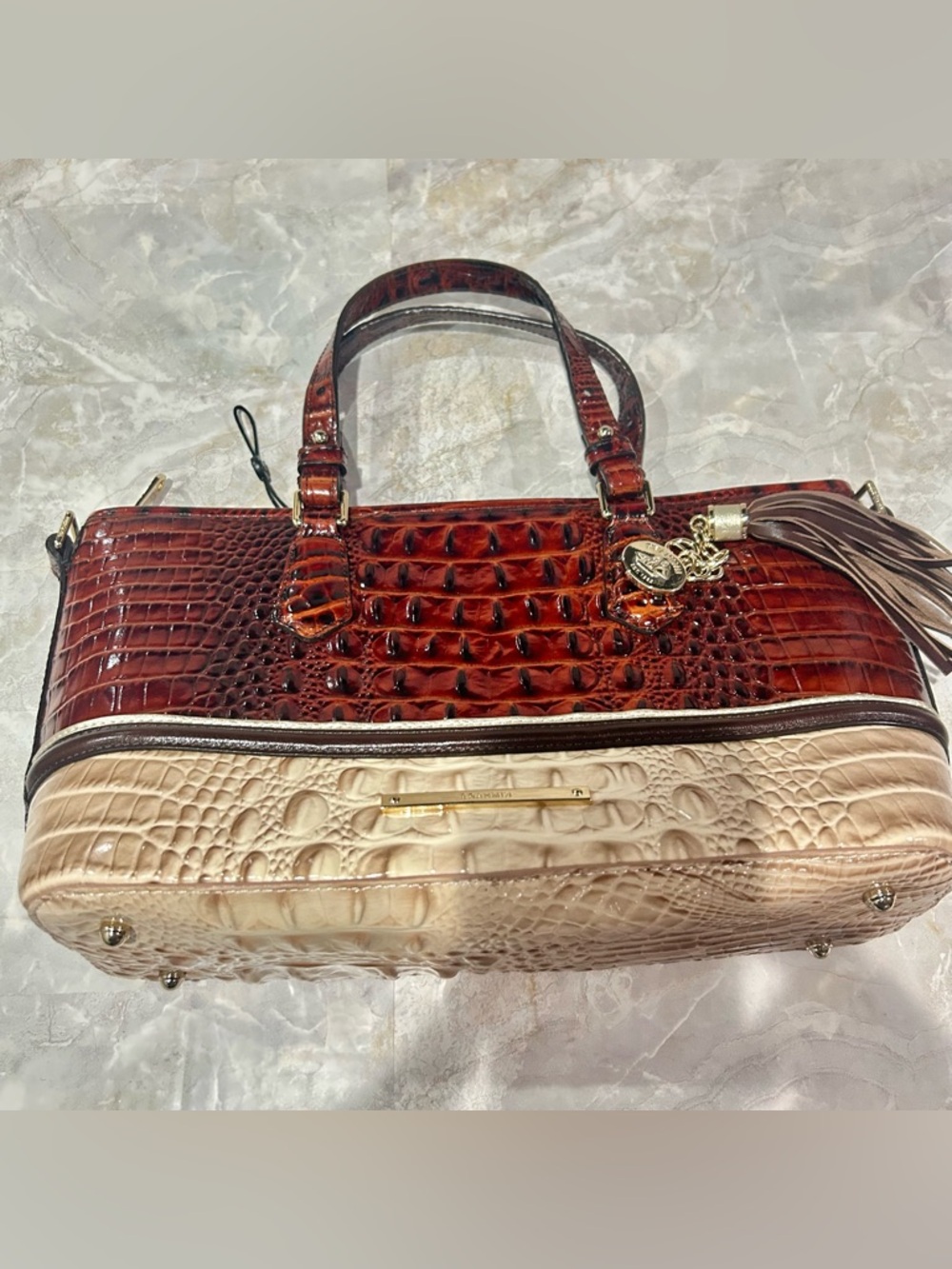 Two-Tone Croc-Embossed Tote Bag with Tassel - Brown & Cream